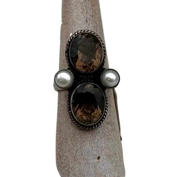 Vintage Topaz Sterling Silver Ring, Brown Topaz, Pearl Multi Stone Ring Sz 6.25 - Picture 1 of 10